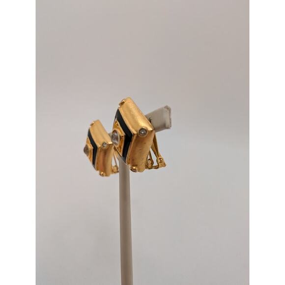 Leslie Block 1970's Black Enamel Gold Etruscan Diamond Shaped Clip On Earrings - Picture 3 of 6